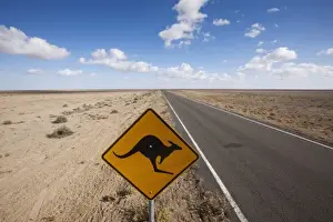 New South Wales Prints: Australia, New South Wales, Kangaroo Crossing Sign in Outback on summer morning