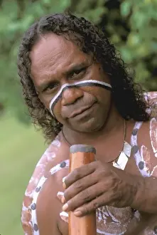 Decorative Prints: Australia, Queensland, Caims, Aboriginal Native with Didgeridoo, Model released (MR)