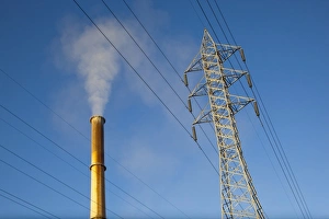 Electrical Prints: Australia, South Australia, Port Augusta, High tension power lines and smokestack