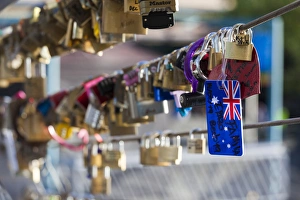 Images Dated 20th February 2014: Australia, Victoria, VIC, Melbourne, love locks attached to Yarra River footbridge