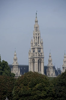 Austrian Prints: Austria, Vienna. Gothic City Hall clock tower