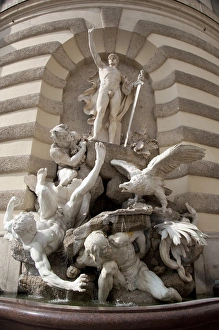 Royalty Prints: Austria, Vienna. Hofburg Palace, winter residence of the royal Hapsburgs. Palace fountain