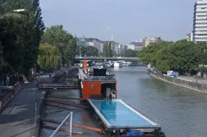 Amusement Prints: Austria, Vienna. Vienna River, riverboat swimming pool