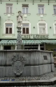 Images Dated 17th September 2009: Austria, Wachau Valley, Melk. Historic downtown Melk, fountain in front of Cafe Rathaus