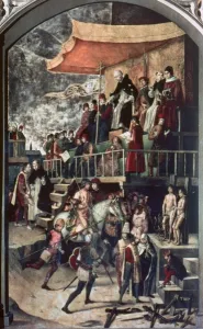 Banner Prints: Auto de Fe chaired by St. Dominic de Guzman (1170-1221). Oil on canvas depicted in