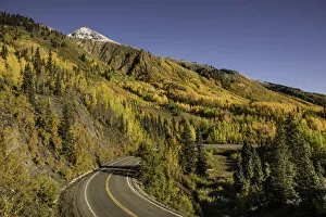 Beauty In Nature Prints: Autumn aspen trees and Million Dollar Highway near Crystal Lake, Ouray, Colorado