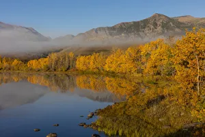 Mountains Prints: Autumn color reflects into Maskinonge Lake in Waterton Lakes National Park, Alberta