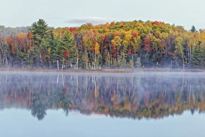 Images Dated 12th October 2016: Autumn Colors and mist reflecting on Council Lake at sunrise, Hiawatha National Forest