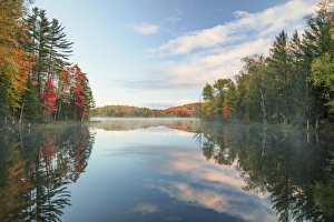 Autumn Colors and mist reflecting on Council Lake at sunrise, Hiawatha National Forest