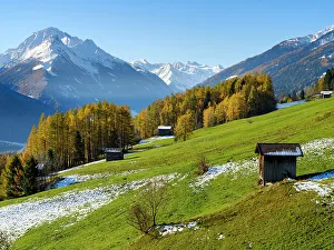 Prints of Autumn at the Telfer Wiesen in the valley Stubai, Mount Habicht and the glaciers of Stubai in the background. Austria, Tyrol Images Dated 2022 May: Autumn at the Telfer Wiesen in the valley Stubai