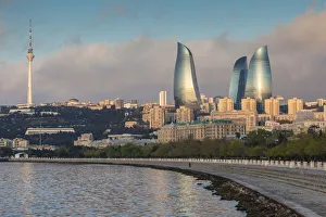 Cityscape Prints: Azerbaijan, Baku. City skyline with Baku Television Tower and Flame Towers from Baku Bay