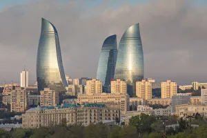 Skyline Prints: Azerbaijan, Baku. City skyline with Flame Towers from Baku Bay