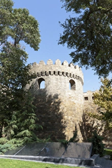 Baku Prints: Azerbaijan, Baku. The outer wall of the Palace of the Shirvanshahs, from Philharmony Park