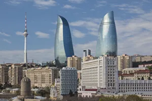 Azerbaijan, Baku. View of Baku Television Tower and Flame Towers