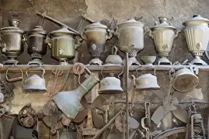 Images Dated 27th September 2014: Azerbaijan, Lahic. A collection of antique kettles and pitchers