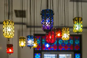 Azerbaijan, Sheki. Traditional middle eastern-style decorative lamps