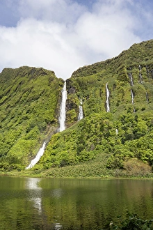 Verdant Prints: Azores, Portugal. Waterfall dropping into Lagoa dos Patos on Flores Island