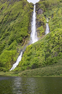 Verdant Prints: Azores, Portugal. Waterfall dropping into Lagoa dos Patos on Flores Island