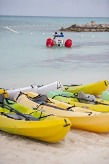 Couple Prints: Bahamas, Eleuthera, Princess Cays, kayaks on beach, Aqua bike