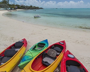 Bahamas Prints: Bahamas, Exuma Island. Kayaks on beach