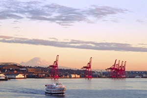 Lift Prints: Bainbridge Ferry with Shipping Cranes and Mt. Rainier at Dusk, Seattle, Washington