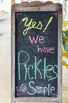 Chalkboard Prints: Bandera, Texas, USA. Chalkboard sign for pickles in the Texas Hill Country