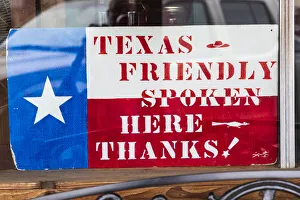 Patriotism Prints: Bandera, Texas, USA. Texas friendly sign in the Texas Hill Country. (Editorial Use Only)