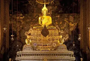 Inti St Clair Prints: Bangkok, Thailand - Beautiful shrine at Wat Phra Kaeo with a golden Buddha statue