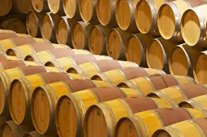 Maturing Prints: The barrel aging cellar with rows of barriques Chateau Paloumey Haut-Medoc Ludon