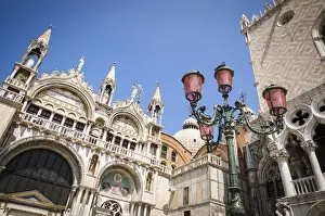 Byzantine Prints: Basilica San Marco (Saint Marks Cathedral) and street lamp, Venice, Veneto, Italy