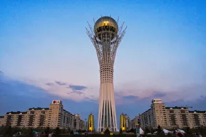 Cityscape Prints: Bayterek Tower representing a poplar tree holding a golden egg