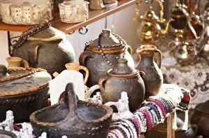 Bazar street Kujundziluk, souvenir shop selling traditional black glazed earthenware cooking pots