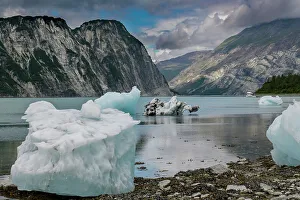 Beached icebergs from nearby McBride Glacier sit on a Muir Inlet beach