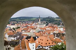 Beautiful aerial thru window from mountaintop of the picturesque small village with