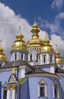 Kiev Prints: Beautiful blue gold domed church called St Michaels Cathedral in downtown Kiev Ukraine