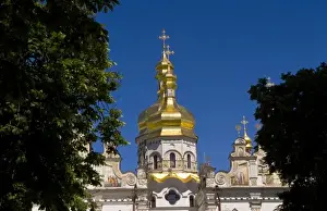 Kiev Prints: Beautiful famous Perchersk Lavra Church with gold dome in Kiev Ukraine