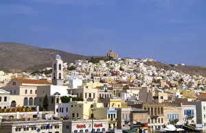 Beautiful Greek island of Siros Greece taken from ferry on water