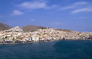 Images Dated 26th August 2021: Beautiful Greek island of Siros Greece taken from ferry on water