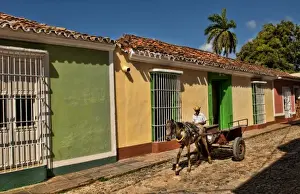 Cart Prints: Beautiful homes in Colonial city of Trinidad Cuba with man riding horse cart on cobblestone