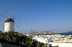 Mykonos Prints: Beautiful island of Mykonos Greece central city from above with white buildings