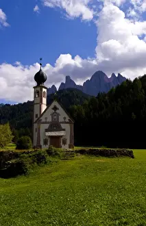 Val Di Funes Prints: Beautiful isolated lonely church called Rainui in valley in the Italian Dolomites