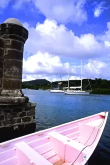 Watercraft Prints: Beautiful port with ships and ocean in famous colorful Nelsons Dockyard in English