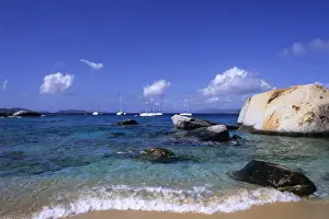 Watercraft Prints: Beautiful rock formation boulder rocks with blue water ocean at The Baths of Virgin