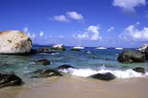 Snorkel Prints: Beautiful rock formation boulder rocks with snorklers in ocean at The Baths of Virgin