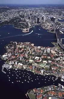Beautiful Sydney Australia harbor with skyline and downtown from above shot from airplane
