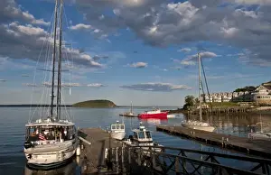 Beautiful vacation spot of Bar Harbor Maine with water and ships, boats and great sky