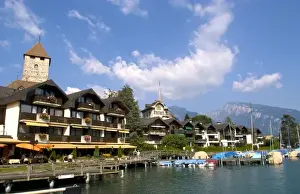 Images Dated 14th October 2020: Beautiful village of Spiez on Lake Thun in Swiss Alps near Interlaken with church steeple