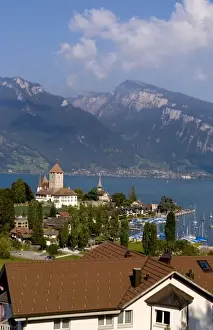 Images Dated 15th October 2020: Beautiful village of Spiez on Lake Thun in Swiss Alps near Interlaken with church steeple