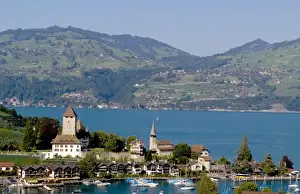 Images Dated 15th October 2020: Beautiful village of Spiez on Lake Thun in Swiss Alps near Interlaken with church steeple