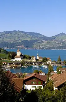 Images Dated 15th October 2020: Beautiful village of Spiez on Lake Thun in Swiss Alps near Interlaken with church steeple